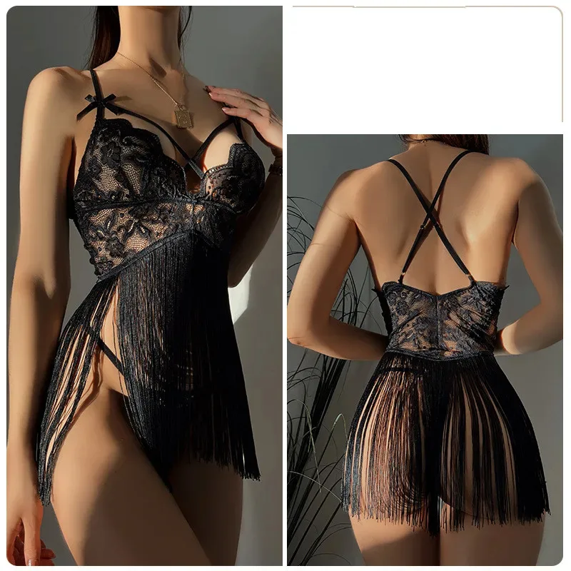 Midnight Allure Lace Fringe Bodysuit ( K0724 )
